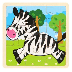 Puzzle à 9 pièces en bois, animaux pour enfant, avec un zèbre en train de galoper dans la forêt