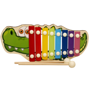 Instrument de musique en bois, type xylophone pour enfant, en forme de crocodile multicolore, avec deux bâtons pour jouer de l'instrument en dessous