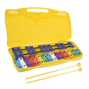 Xylophone dans sa boite jaune à 25 notes colorée, pour enfants, avec ses deux bâtons en dessous