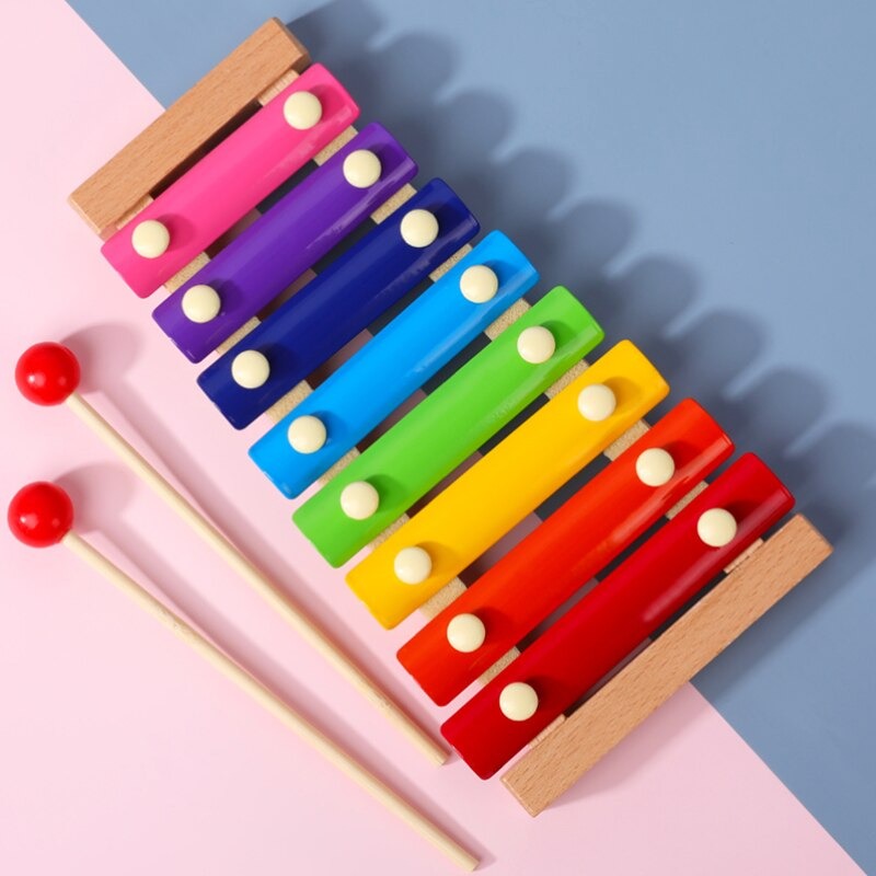 Xylophone en bois et métal à 8 notes, coloré, avec deux baguettes à bout rond
