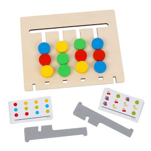 Jeux en bois d'association rectangulaire, des 4 couleurs ( jaune, rouge, vert, bleu), double-face avec un côté avec des fruits et un autre avec des couleurs, et des cartes disposées en dessous de la planche en bois