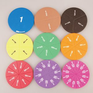 Jeu ludique d'apprentissage des fractions pour enfants, sous forme de 9 disques de couleurs divisés en plusieurs parties