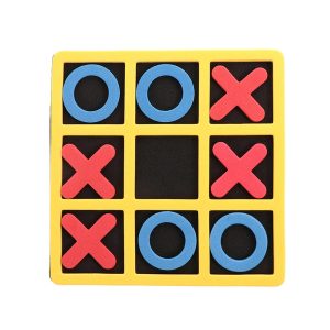 Jeu du morpion, stratégie interactive, avec croix rouge et cercle bleu sur un fond noir et jaune