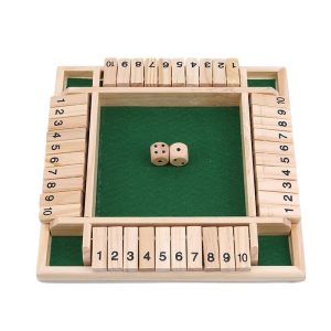 Jeu de société en bois pour 4 joueur avec 2 dés, faire des lancer de dés pour faire les différents chiffre de 1 à 10