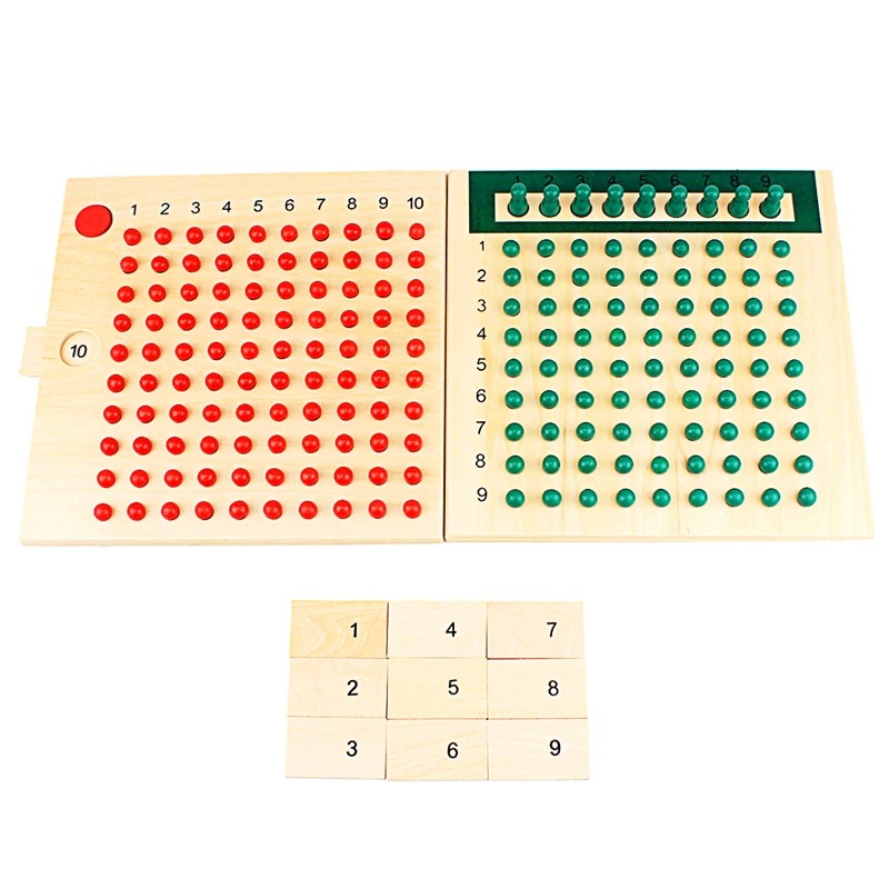 Planche de calcul éducative en bois avec billes, au nombre de deux une verte et une rouge