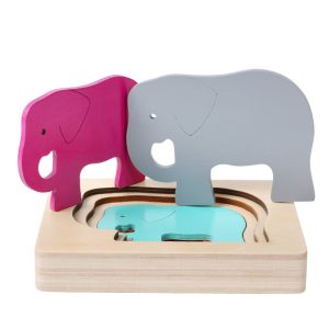 Puzzle en bois d'animaux avec effet 3D, avec l'éléphant multicolore en 5 pièces sur son support en bois