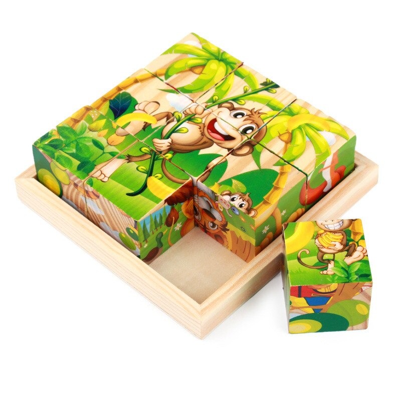 Puzzle magique 9 pièces et 6 faces avec cubes colorés dans un plateau de rangement, avec décor de jungle avec singe animé