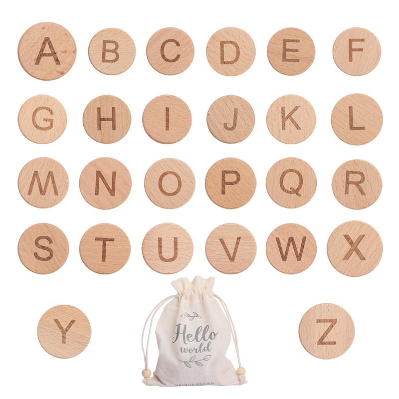 Pastilles en bois pour apprendre l'alphabet, les 26 lettres recto verso majuscule ou minuscule