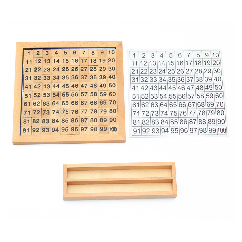 Plateau en bois pour apprendre à compter de 1 à 100, avec feuille avec l'ensemble des nombres de 0 à 100 et il faut faire correspondre avec les lames en bois