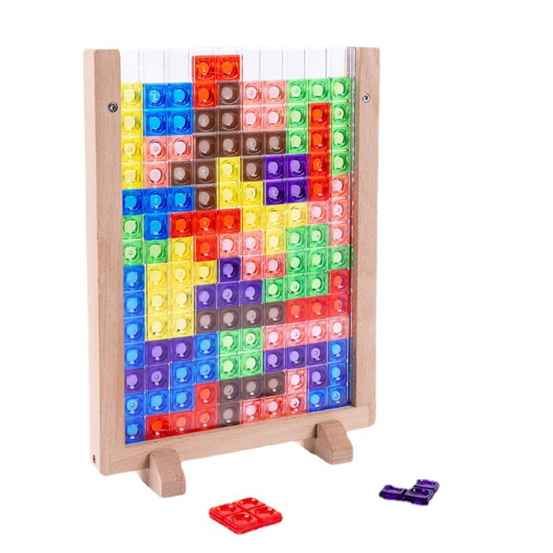 Tetris 3D coloré avec support en bois, avec des pièces colorées