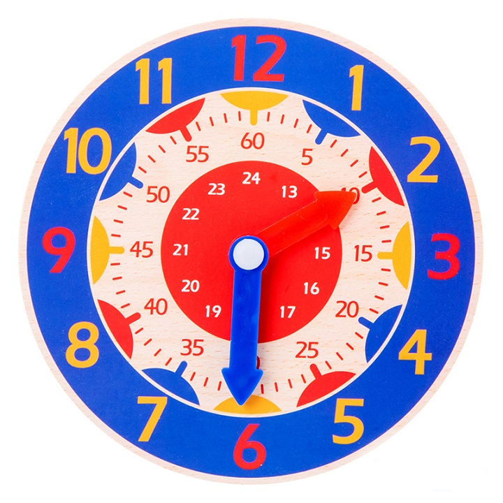 Horloge en bois bleu pour apprendre l'heure, les minutes et les secondes