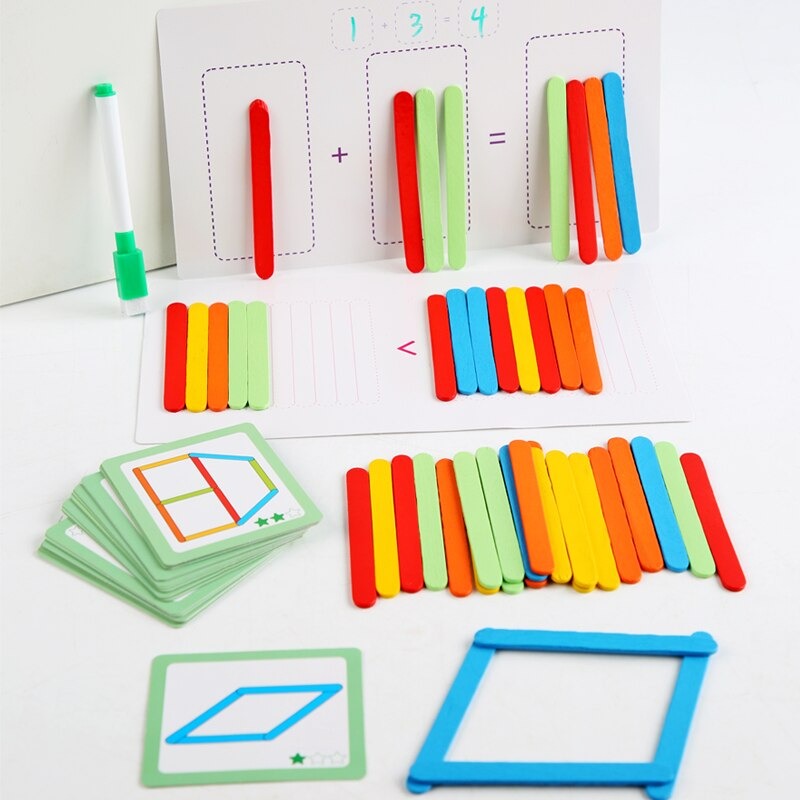 Bâtonnets en bois colorés pour apprendre à compter, avec des cartes pour reproduire des formes avec les bâtonnets colorés