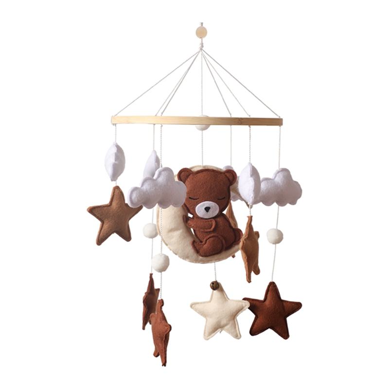 Jouet d'éveil pour bébé, mobile ourson, avec support en bois, et ourson avec des nuages, lune et étoiles en tissu qui sont pendu