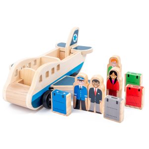Jouet en bois, moyen de transport, avec un avion, 4 passagers dont le pilote, et 4 valises
