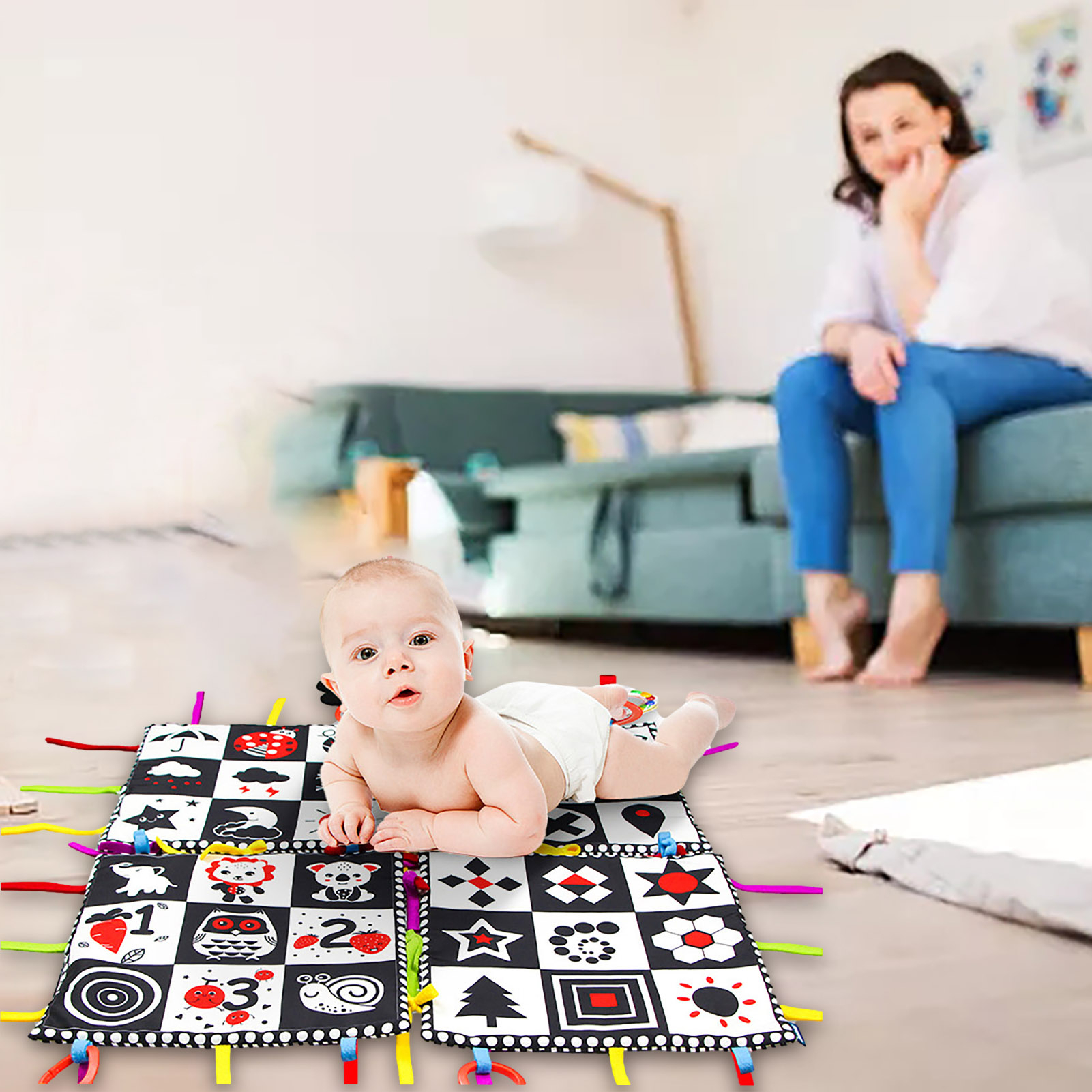 Tapis d'éveil bébé montessori à polymères noir et blanc - Un petit génie