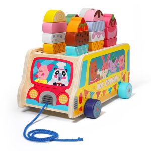 Jouet en bois, bus à glaces, style chariot à tirer avec une corde, bus coloré, avec des glaces qui sortent de son toit