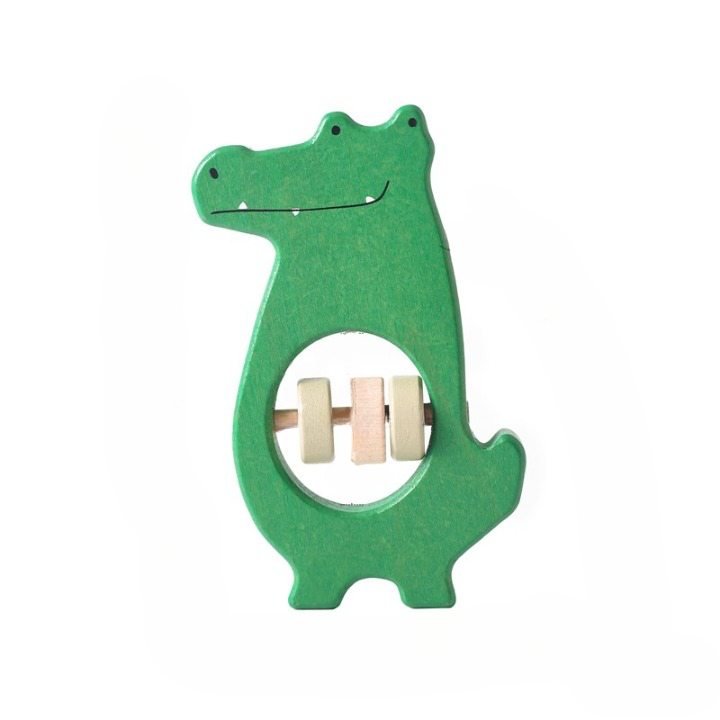 Jouet pour bébé, hochet musical crocodile, vert, en bois, avec 3 palets au milieu de celui ci