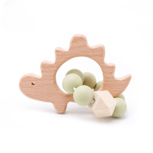 Jouet pour bébé, hochet et perles de dentitions en forme de dinosaure et un bracelet à perle en bois accroché au hochet