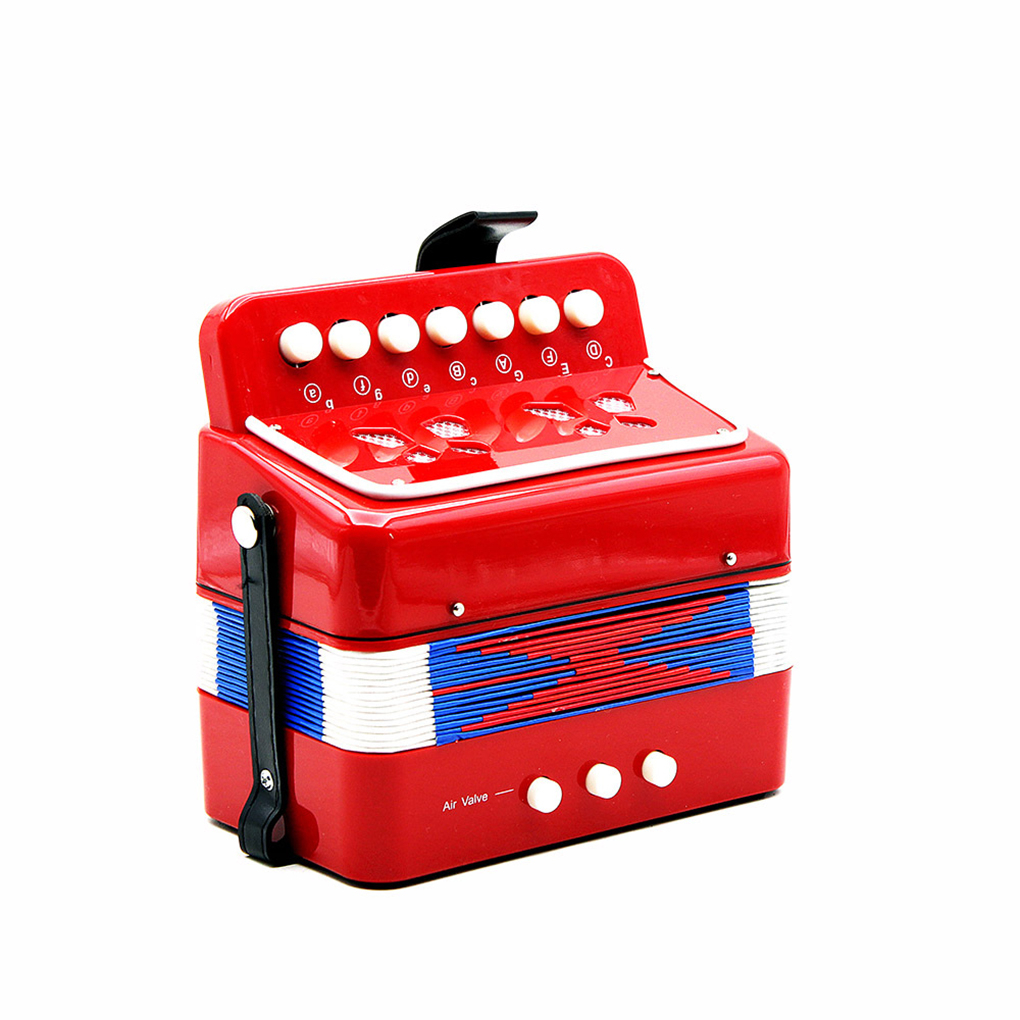 Jouet bébé musical accordéon rouge, avec des boutons blanc sur le dessus et sur le bas.