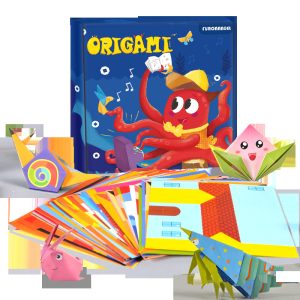 Livre d'activité montessori origami, avec la boite bleu avec un poulpe et les nombreuses feuilles de couleur à plier en dessous