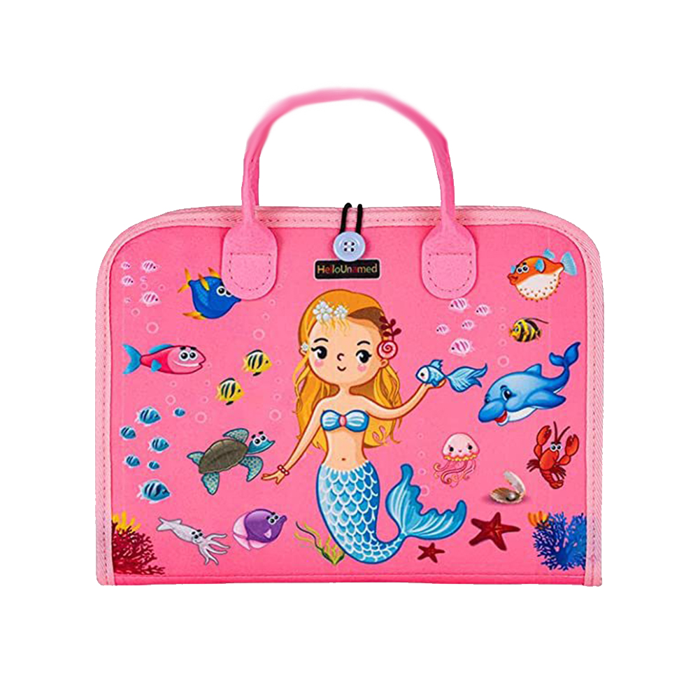 Malette montessori rose multi activités, avec une sirène et des animaux marin imprimés dessus