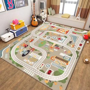 Tapis de jeu de voiture antidérapant pour enfant, avec de nombreux axes routiers, dans une chambre d'enfant avec plein de jouets autour