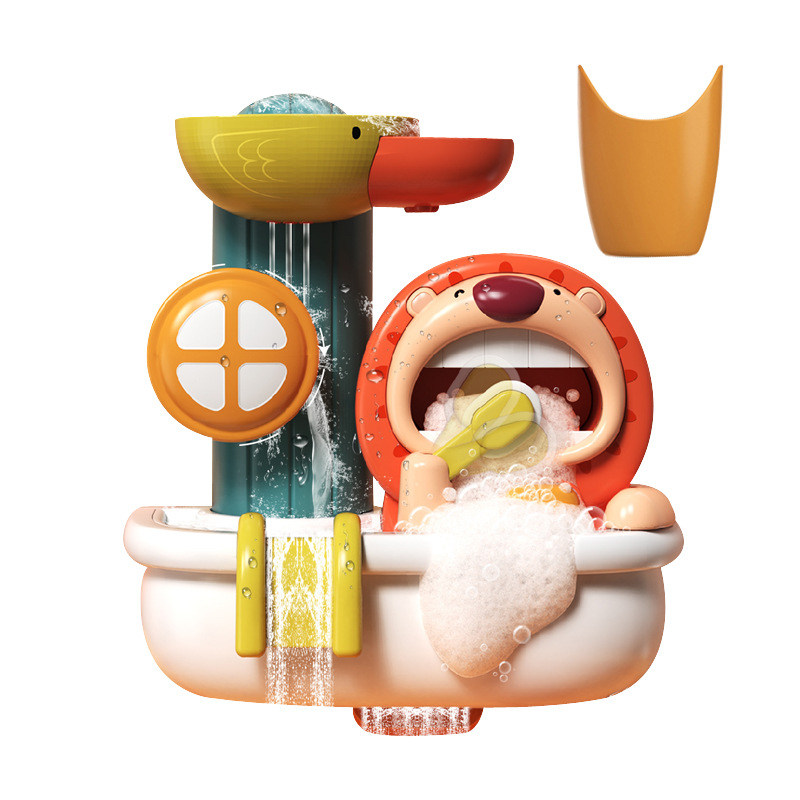 Jouet de bain montessori avec un lion dans une baignoire, qui se brosse les dents