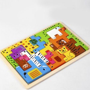 Puzzle tetris 18 pièces en bois pour enfant, avec pièces en forme d'animaux colorés