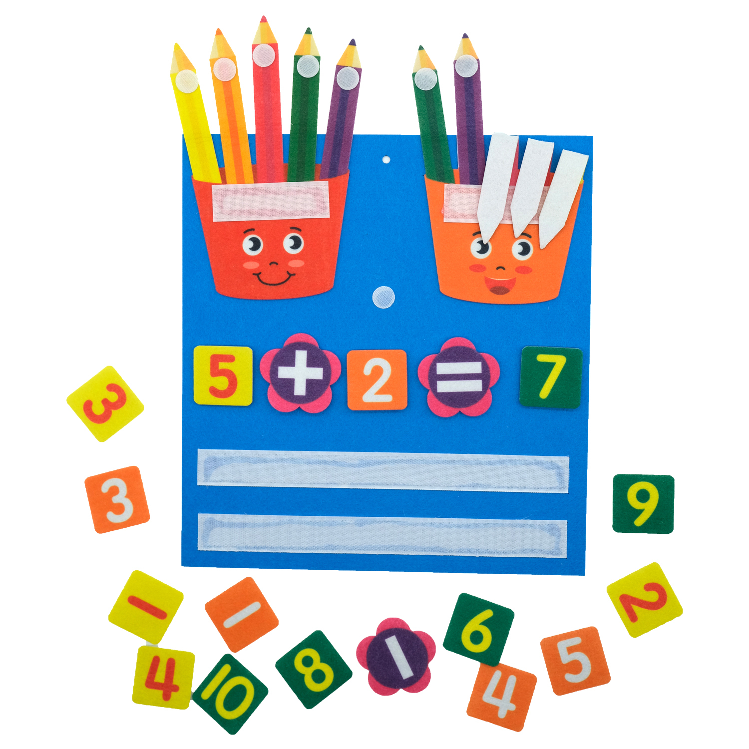 Busy board montessori multicolore pour apprendre à compter, avec un tableau bleu en feutre avec de nombreux chiffres à scratcher