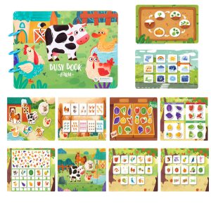 Livre montessori thème de la ferme, avec la page de couverture du livre avec des animaux de la ferme colorés dessus, et les différentes activités disponible à côté