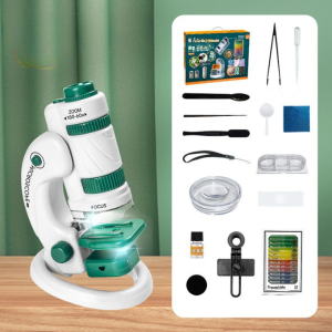 Microscope scientifique avec lumière LED pour enfant, de couleur blanc et vert, avec de multiples accessoires