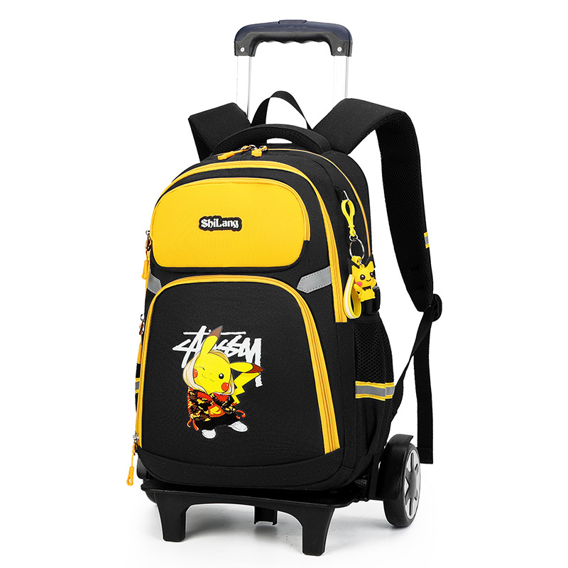 Sac à dos Pokemon à roulettes pour enfant, de couleur jaune et noir, avec imprimé pikachu sur le devant du sac