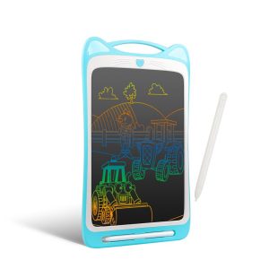 Ardoise magique LCD pour écrire et dessiner, de couleur bleu avec oreilles de chat sur le dessus, et un stylet blanc sur le côté de la tablette