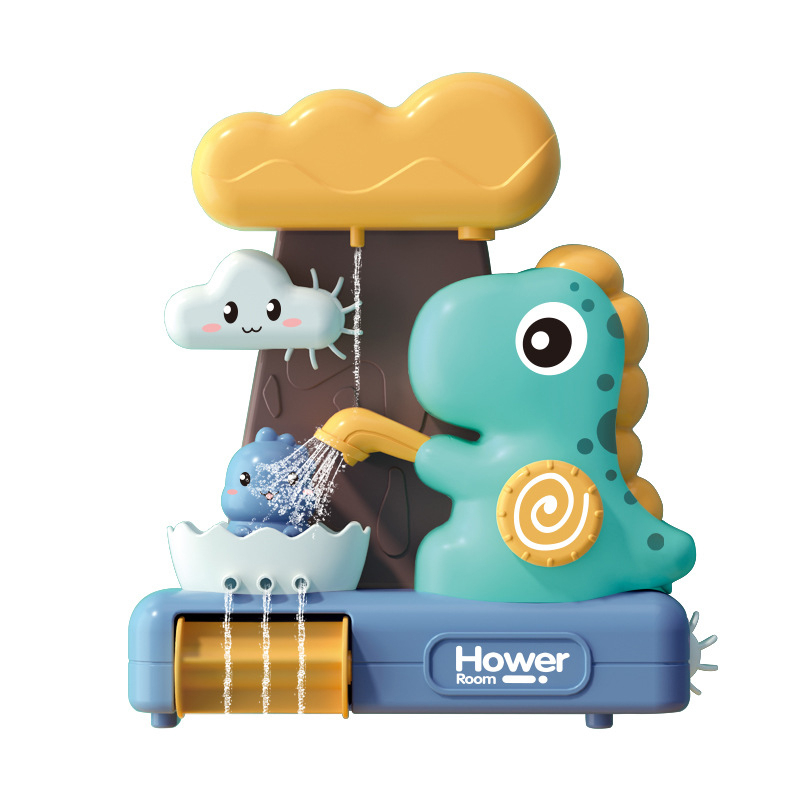 Jouet de bain montessori avec un dinosaure donnant la douche à son bébé, avec des nuages au dessus de lui