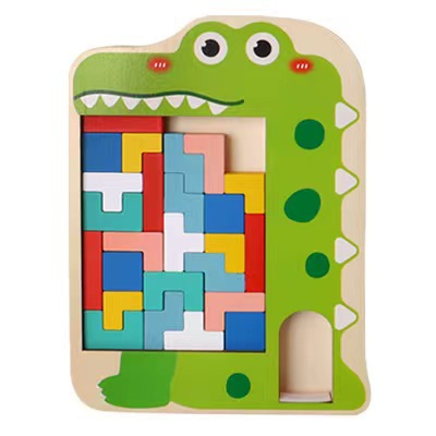 Puzzle tetris en bois montessori pour enfant, avec 25 pièces colorés et de formes différentes, avec support vert en forme de crocodile