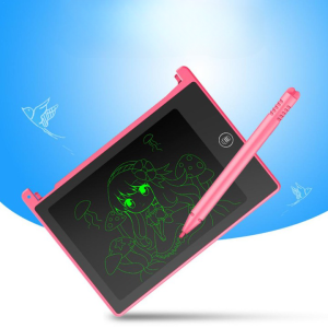 Ardoise magique pour dessin numérique, de couleur rose avec écran en fond noir, avec un dessin de copuleur verte dessus et un stylo rose.