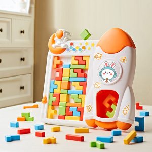 Puzzle 3D tetris en forme de fusée pour enfant, de couleur orange, avec plein de pièces du tetris sur une table et. le reste sur le puzzle de la fusée