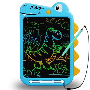 Ardoise magique en forme d'animaux, en forme de dinosaure de couleur bleu, avec un dinosaure dessiné sur l'écran au fond noir, avec un stylo accroché à l'ardoise