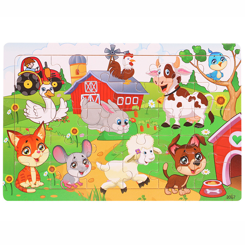 Jeu puzzle bébé avec pleins d'animaux, une ferme, un tracteur et une niche de chien.