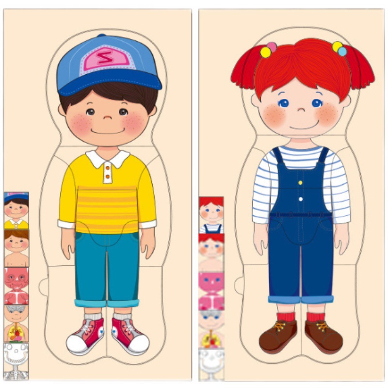 Puzzle en bois à droite le modèle garçon qui porte une casquette, un pull jaune, un jean et des baskets rouges, à gauche le modèle fille qui a des couettes, les cheveux roux, porte une salopette en jean, un t-shirt marin et des chaussures marron.