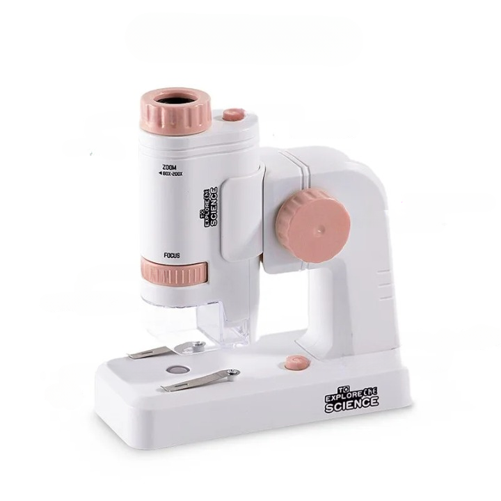 Microscope enfant LED avec base et portable en plastique sur fond blanc