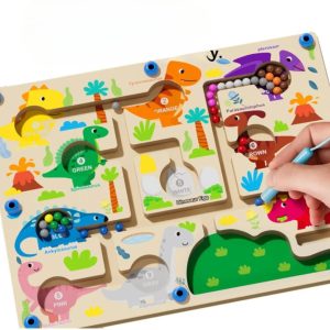 Jeu Montessori magnétique avec dinosaures sur fond blanc