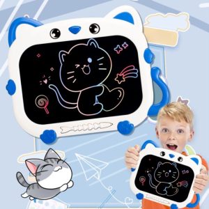 Tablette dessin enfant au design de chat sur fond bleu