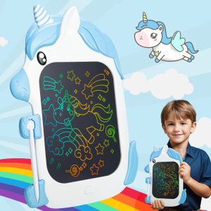 Tablette dessin enfant au design de licorne sur fond bleu avec arc en ciel