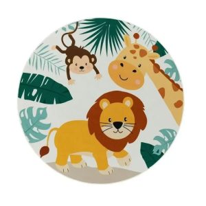 Tapis motricité rond avec animaux sur fond blanc